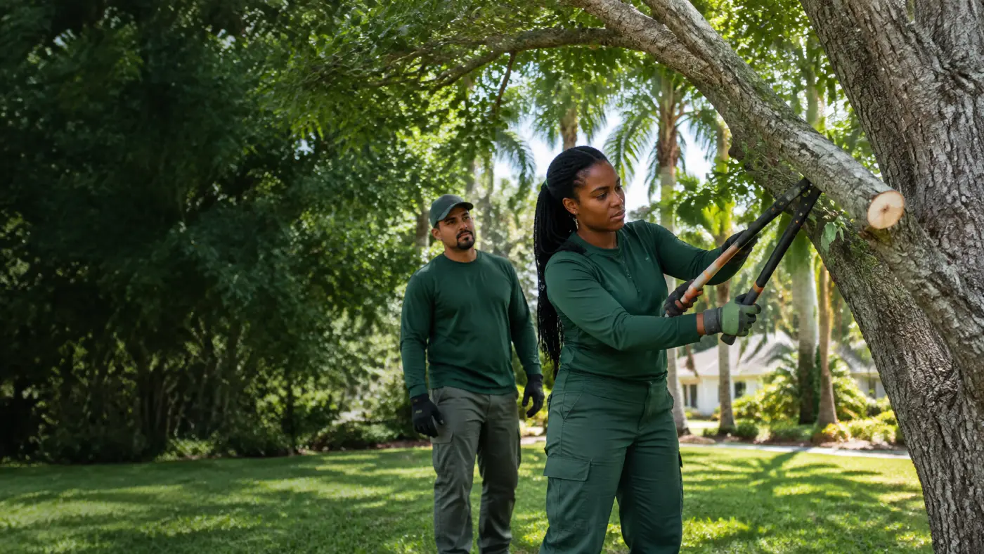 Black woman carefully trimming a low tree branch with hand loppers while a Hispanic coworker observes in a bright Florida residential yard