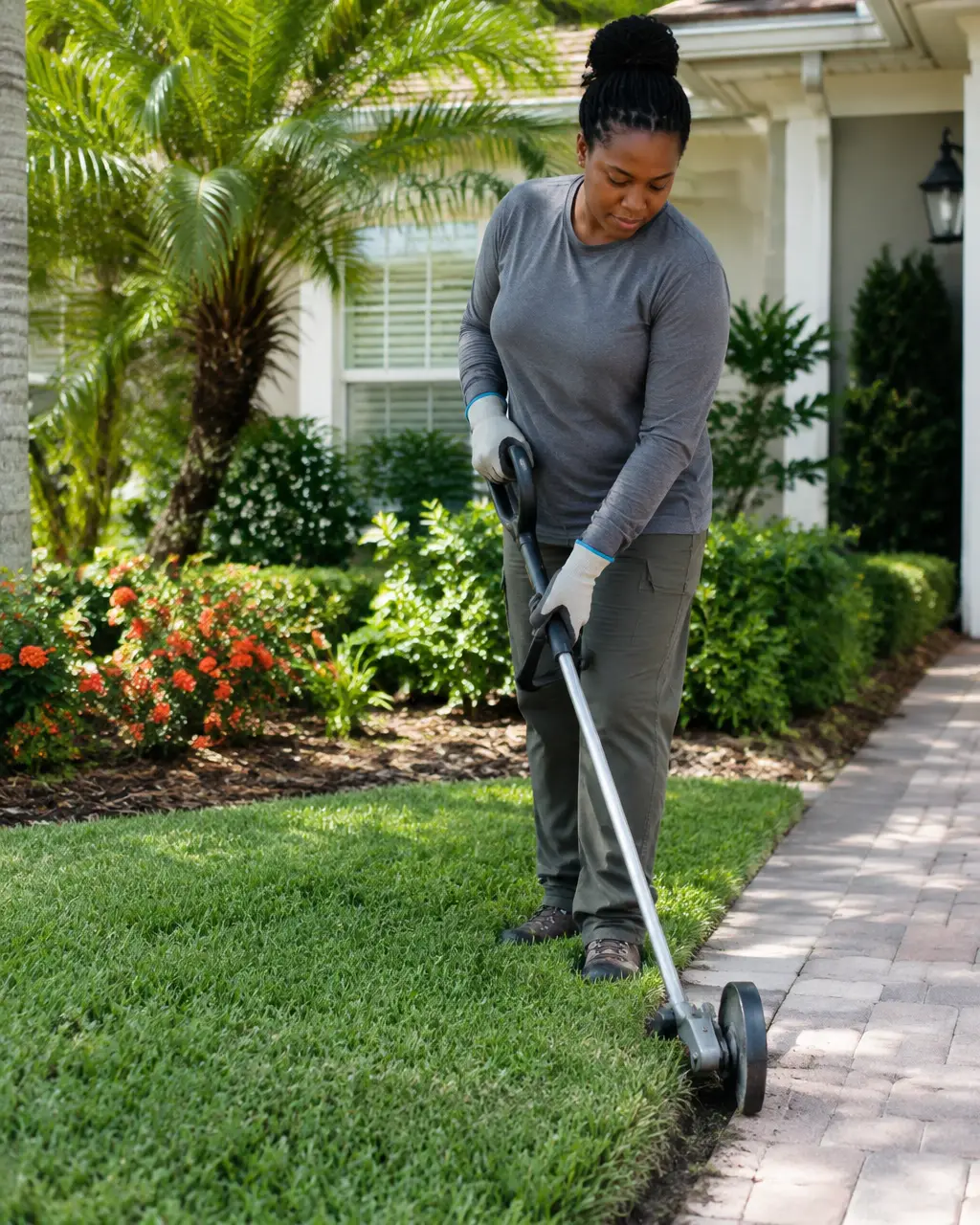 Black woman edging a neat residential lawn beside a paved walkway