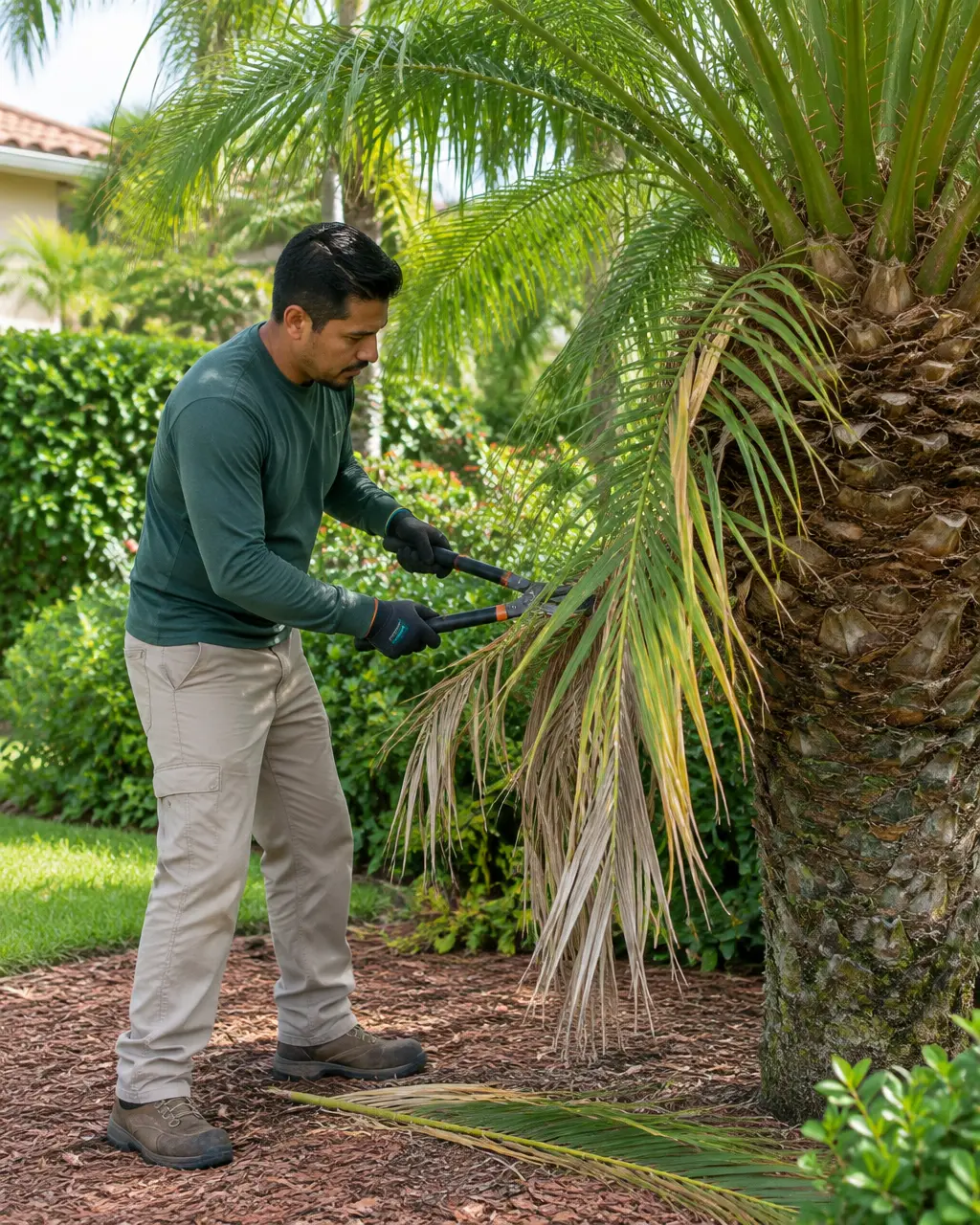 Hispanic worker carefully trimming lower palm fronds by hand in a sunny residential landscape