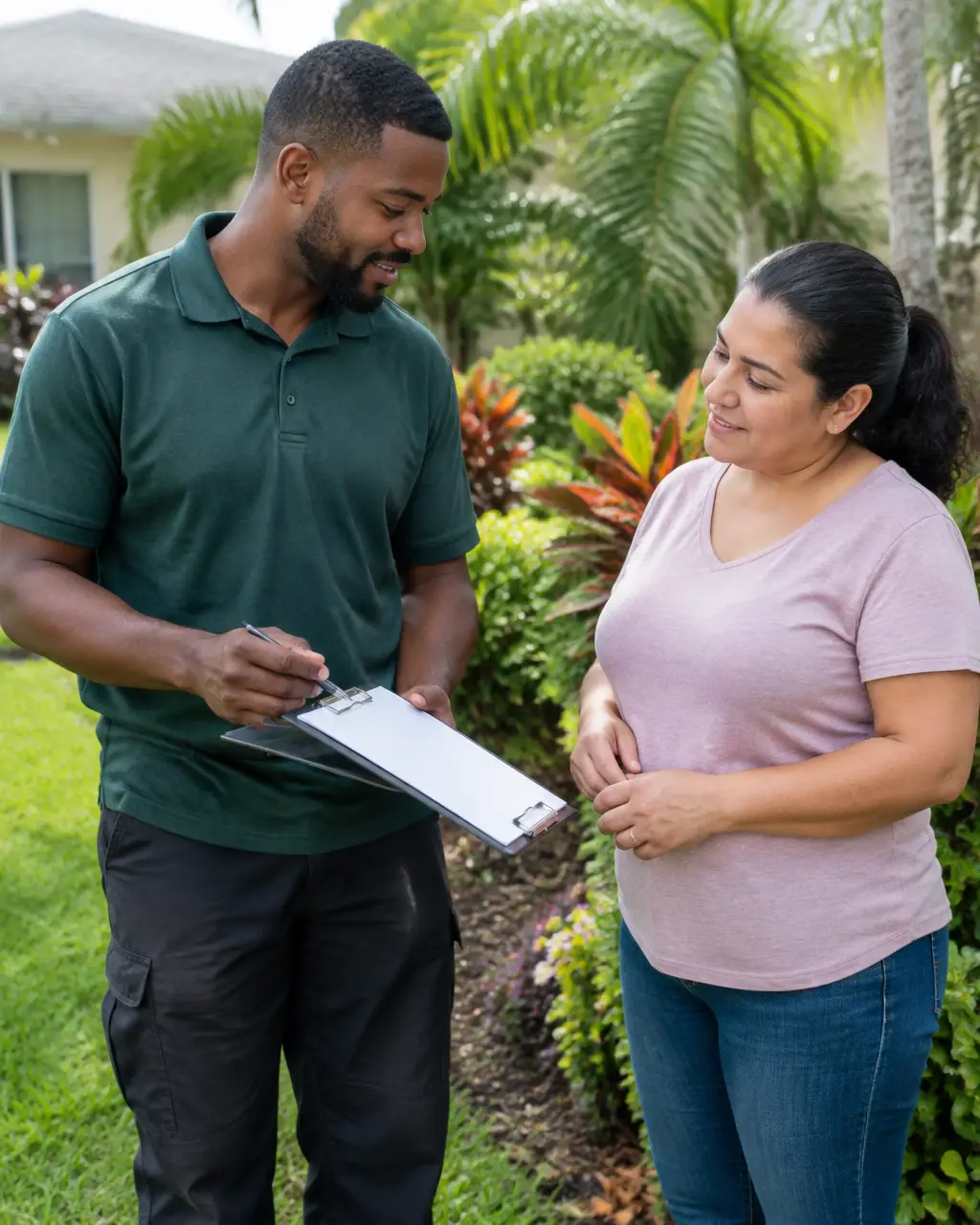 Black property care worker discussing a residential garden with a Hispanic homeowner